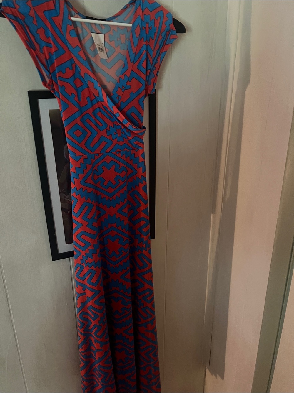 Soprano Blue and Red Geometric Wrap Maxi Dress